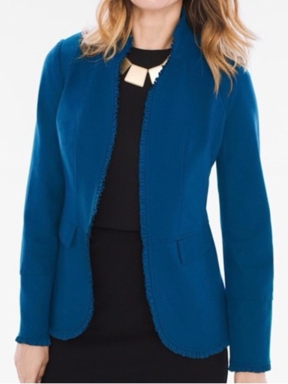 Chico's Teal Fringe-Trim Tailored Blazer Large Like New Business Office Work